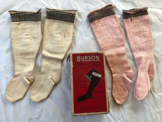 Vtg Antique Burson Doll Knit Hose Socks (box 2 Pr Cream & Pink)