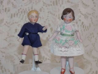 Antique German All Bisque Doll House Dollhouse Boy Girl Pair Miniature