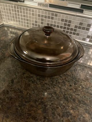Vintage Pyrex Vision Ware Amber Brown Covered Casserole Dish 1.  5 L Wth Lid 01