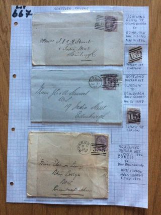 Gb Queen Victoria Scottish Duplex Postmarks On 3 Covers On Album Page (lot 667)