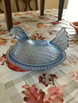 Vintage Indiana Light Blue Clear Glass Nesting Chicken With Beaded Edge