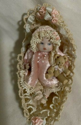 Vintage Miniature 2.  5 " Pin Jointed Baby Doll W Teddy Bear In Crochet Basket Ooak