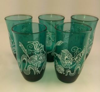 5 Vintage Mid - Century Juice Size Glasses Blue Green With Butterflies & Flowers