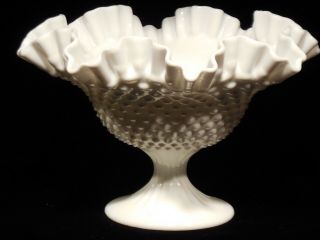 Large Vintage Fenton White Milk Glass Hobnail Pedestal Vase Ruffled Rim