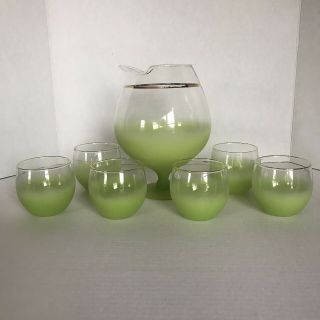 Vintage Blendo Frosted Cocktail Pitcher 6 Roly Poly Glasses Drink Bar Ware Green