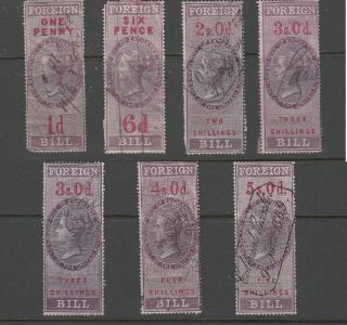 Gb: 1860s Q Victoria Foreign Bill Long Revenue Stamps X7 Diff.  Values -