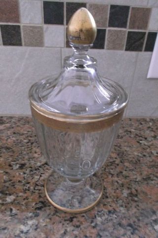 Vtg Tiffin Glass Pedestal Apothecary/candy Jar With Lid & Gold Trim 9 "