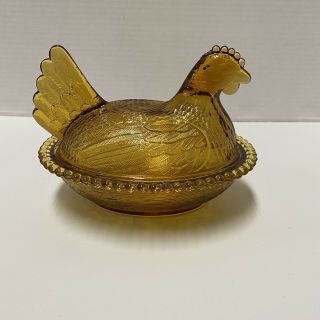 Vintage Indiana Glass Amber Hen Chicken On Nest Covered Candy Dish Depression