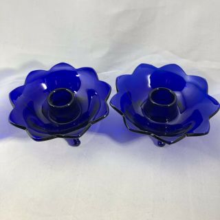 Set 2 Fenton Cobalt Blue Glass 3 Footed Lotus Candle Holders
