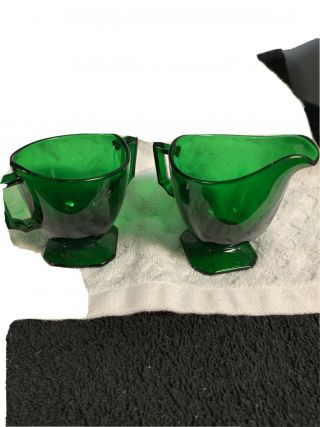 Vintage - Dark Emerald Green Glass - Square - Creamer And Sugar Bowl Set