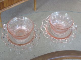 Two Old Colony Lace Edge Pink Depression Glass Cups & Saucers