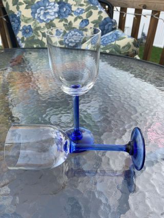 Cobalt Blue Ribbed Stem Clear Glass Bowl Unusally Color Design Base Wine Glasses