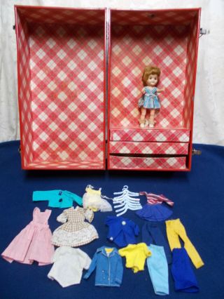 Vtg Red Metal Foot Locker/doll Storage Trunk - Effanbee Fluffy Doll W/clothes