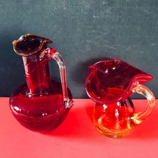 Vintage Amberina Art Glass Hand Blown Vases / Pitchers Set Of 2