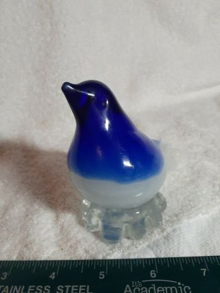 Vintage Art Glass Bird Paperweight Hand Blown Blue Bird Blue White Clear 3