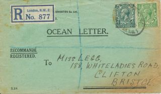 Gb George V 1927 Ocean Letter Registered Cover,  London To Bristol
