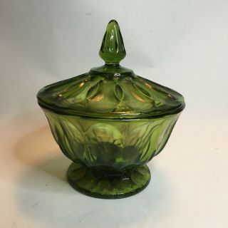 C Vintage Depression Indiana Glass Footed Avocado Green Candy Dish W/ Lid