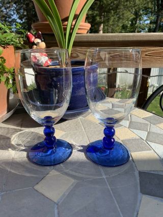 Cobalt Blue Beaded Bubble Stem Clear Bowl Goblet Water Wine Glasses