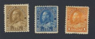 3x Canada Ww1 Admiral Stamps 117 - 10c 118 - 10c 122b - $1.  00 Guide Value = $292.  00