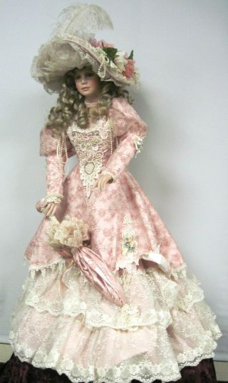 Vintage 1998 Thelma Resch Porcelain Doll 30 " Pink Gown & Bonnet 295/2000 - Vgc