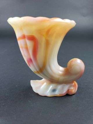 Vintage Akro Agate Orange Marbleized Slag Glass Horn Of Plenty Toothpick Holder