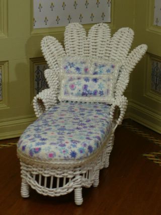 Bjr White Wicker Lounge Chair Nicely Upholstered - Artisan Dollhouse Miniature