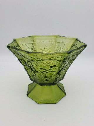 Vintage Indiana Green Glass Pedestal Vase With Harvest Grape Leaves Design