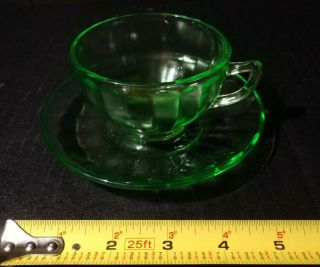 Antique Federal Stamped Green Vaseline Uranium Depression Glass Tea Cup Saucer