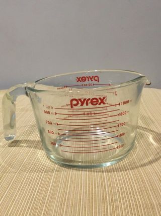 4 Cup Pyrex Green Tint Clear Glass & Red Lettering Measurering Cup