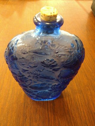 Vntg Libbey Cobalt Blue Glass Bottle Flask W/ Embossed Sea Shells 8 - 1/2 " Canada