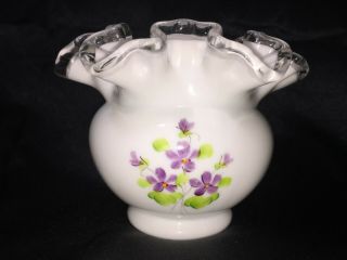 Rare Fenton Ruffled Rim Glass Vase Hand Painted & Signed D Barbour