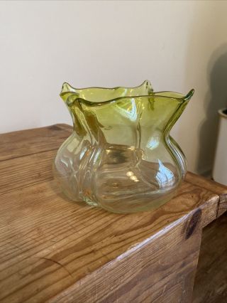 Antique C.  1900 Art Nouveau Bohemian Green & Clear Blown Art Glass Rose Bowl Vase