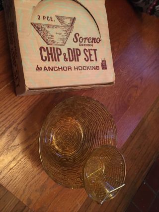 Vintage Anchor Hocking Soreno Amber Glass Chip And Dip Bowl Set Seventies W/ Box