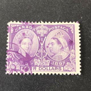 CANADA,  SCOTT 64,  $4.  00.  VALUE PURPLE 1897 QV JUBILEE ISSUE 2