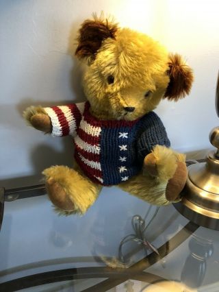 Vintage 15” Fully Jointed Golden Mohair Teddy Bear With Americana Knit Sweater