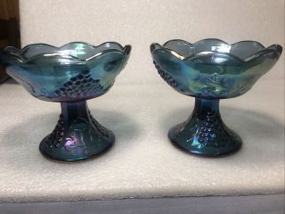 Blue Indiana Carnival Glass Taper Candle Holders Set Of 2 Grape Leaf Pattern