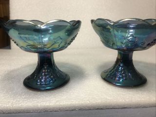 Blue Indiana Carnival Glass Taper Candle Holders Set Of 2 Grape Leaf Pattern 2