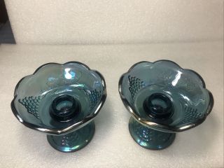 Blue Indiana Carnival Glass Taper Candle Holders Set Of 2 Grape Leaf Pattern 3
