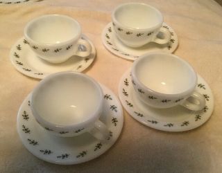 Vintage Pyrex Set Of 4 White Milk Glass Green Leaf Cups And Saucers