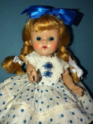 Vintage Vogue Strung Ginny Doll In Her Skinny Tagged Blue Dotted Dress