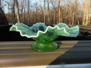 Antique Northwood Green Opalescent Footed Ruffled Bowl / Roulette Pattern