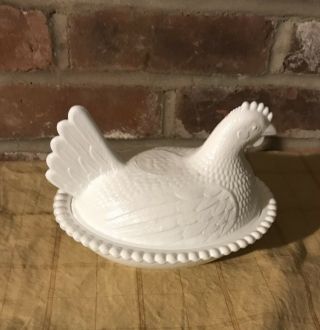 Vintage Milk Glass Hen Chicken Rooster On Nest Covered Candy Dish