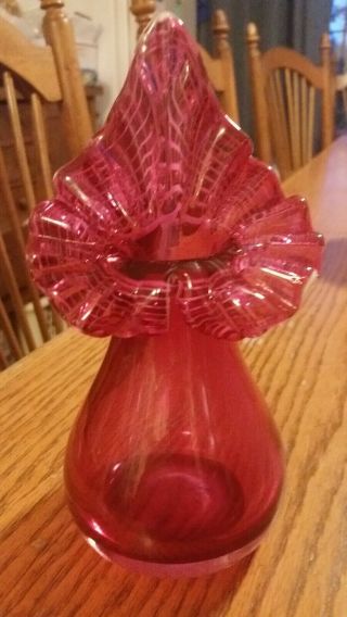 Vintage Fenton Art Glass Jack In The Pulpit Cranberry White Ribbon Collar Vase