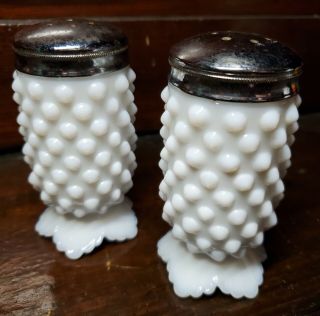 Vintage Fenton Hobnail White Milk Glass Salt & Pepper Shakers Flower Footed Base