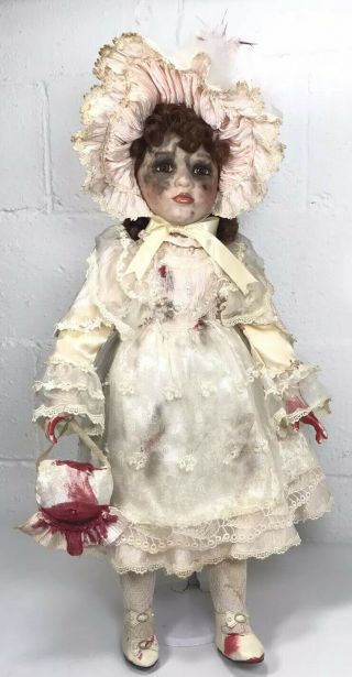 Haunted Horror Vintage Porcelain Doll 24” W/ Stand Possessed Bloody Undead