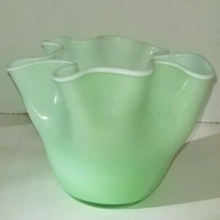 Art Glass Ruffled Wavy Form Bowl Vase Green Ombre 