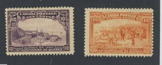 2x Canada 1908 Quebec Stamps 101 - 10c Mng F/vf 102 - 15c Mh F Guide Value=$260.  00