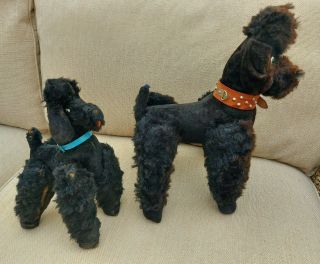 Pair (2) Of Antique Vintage German Black Mohair Poodles Dog Puppy 1920s Rare
