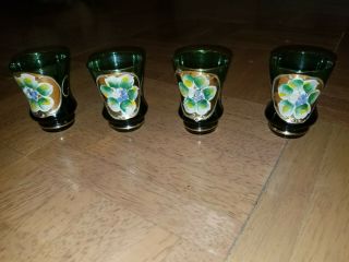 4 Bohemian Czech Art Glass 2 - 5/8 " Shot Glasses Green Handpainted Enamel Flowers