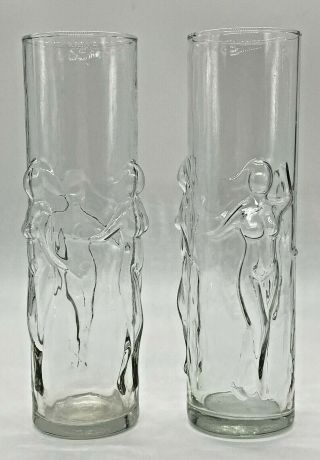 2 Vintage Libbey La Femme Nude Dancing Ladies Tall High Ball Glasses 1970s